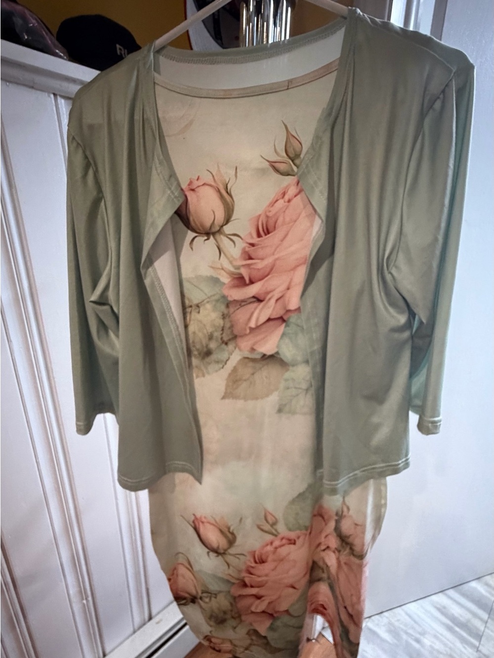 Floral Midi Dress with Soft Sage Cardigan